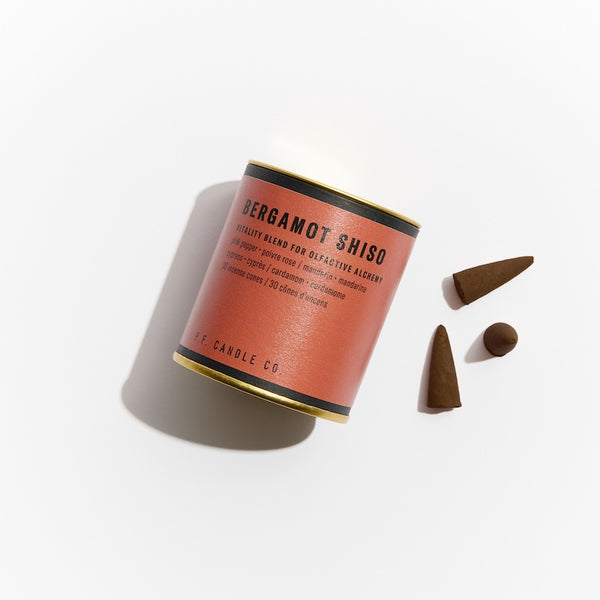 P.F. Candle Co. Bergamot Shiso Alchemy Incense Cones - Product - Each cone burns for approximately 20-25 minutes each. Our wood-based incense cones are hand-dipped into fine fragrance oils at our Los Angeles factory.