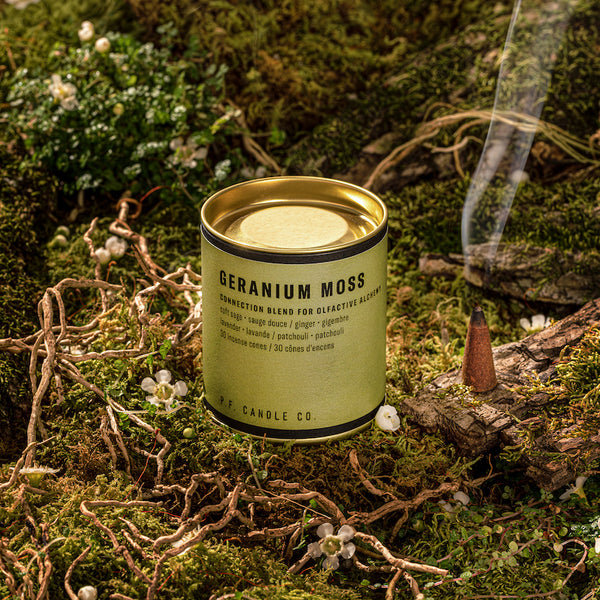 P.F. Candle Co. Geranium Moss Alchemy Incense Cones - Lifestyle - A connection blend to soak up the present moment, with notes of soft sage, ginger root, lavender, and patchouli. Inspired by overgrown wildflowers rooted in fresh earth, formulated with upcycled cedarwood and sustainable patchouli.