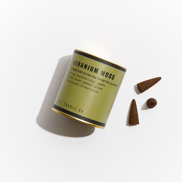 P.F. Candle Co. Geranium Moss Alchemy Incense Cones - Product - Each cone burns for approximately 20-25 minutes each. Our wood-based incense cones are hand-dipped into fine fragrance oils at our Los Angeles factory.
