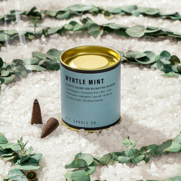 P.F. Candle Co. Myrtle Mint Alchemy Incense Cones - Lifestyle - A connection blend to soak up the present moment, with notes of soft sage, ginger root, lavender, and patchouli. Inspired by overgrown wildflowers rooted in fresh earth, formulated with upcycled cedarwood and sustainable patchouli.