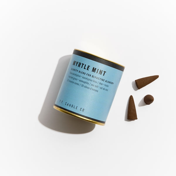 P.F. Candle Co. Myrtle Mint Alchemy Incense Cones - Product - Each cone burns for approximately 20-25 minutes each. Our wood-based incense cones are hand-dipped into fine fragrance oils at our Los Angeles factory.