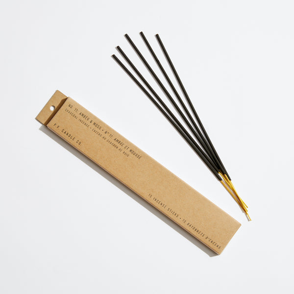 P.F. Candle Co. Amber & Moss Incense Sticks - Product - Our charcoal-based Incense is hand-dipped in our studio and packaged in kraft box packaging.