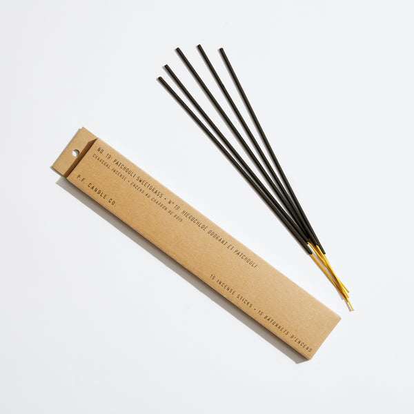 P.F. Candle Co. Patchouli Sweetgrass Incense Sticks - Product - Our charcoal-based Incense is hand-dipped in our studio and packaged in kraft boxes