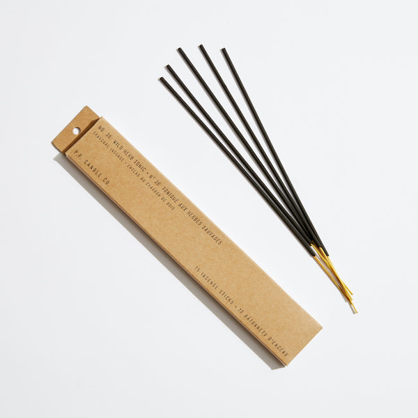 P.F. Candle Co. Wild Herb Tonic Incense Sticks - Product - Our charcoal-based Incense is hand-dipped in our studio and packaged in kraft box packaging.