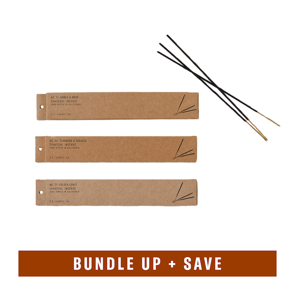 P.F. Candle Co. Incense Best-Sellers 3-Pack - Product - Save 15%! Get three boxes of hand-dipped charcoal incense sticks in our best-selling scents: warm Teakwood & Tobacco, bright Amber & Moss, and fresh Golden Coast.