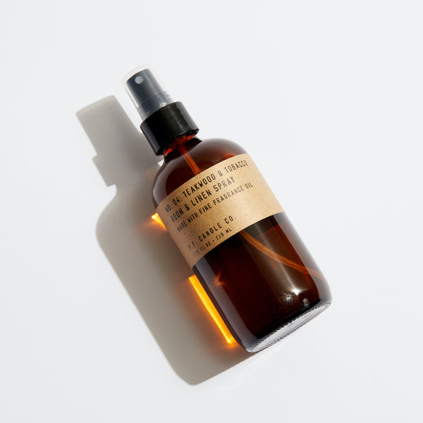 P.F. Candle Co. Teakwood & Tobacco Room & Linen Spray - Product - Made in California, each amber glass bottle contains a 7.75 fl oz blend of body-safe fine fragrance oils and water.