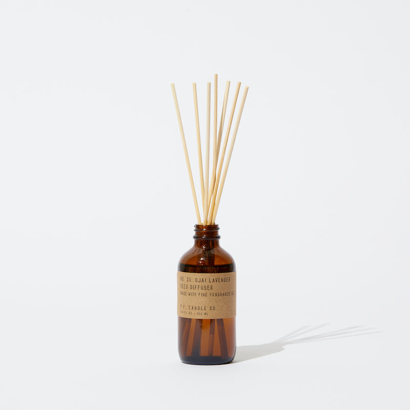 P.F. Candle Co. Ojai Lavender Reed Diffuser - Product - Our Reed Diffusers come in apothecary-inspired amber glass bottles with our signature kraft label and rattan reeds. Low-maintenance scent throw, all day long - no match necessary.