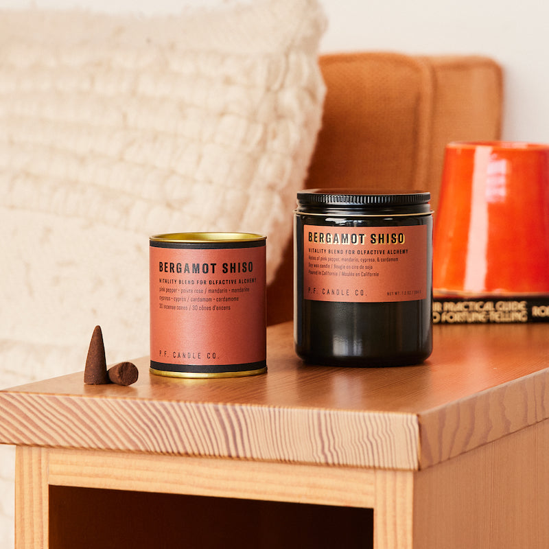 P.F. Candle Co. Los Angeles - Alchemy Incense Cone and Candle Scent Bundle - Lifestyle - Bergamot Shiso - pink pepper, mandarin, cypress, and cardamom.