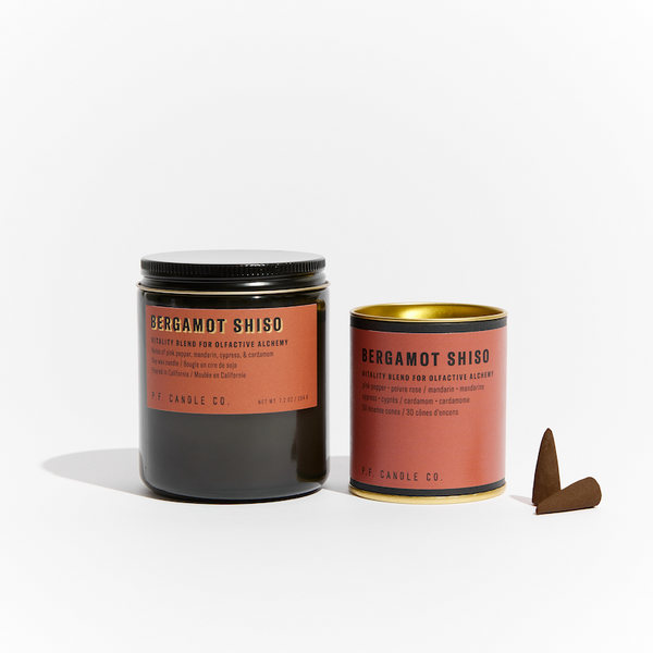 P.F. Candle Co. Los Angeles - Alchemy Incense Cone and Candle Scent Bundle - Product - Bergamot Shiso - pink pepper, mandarin, cypress, and cardamom.