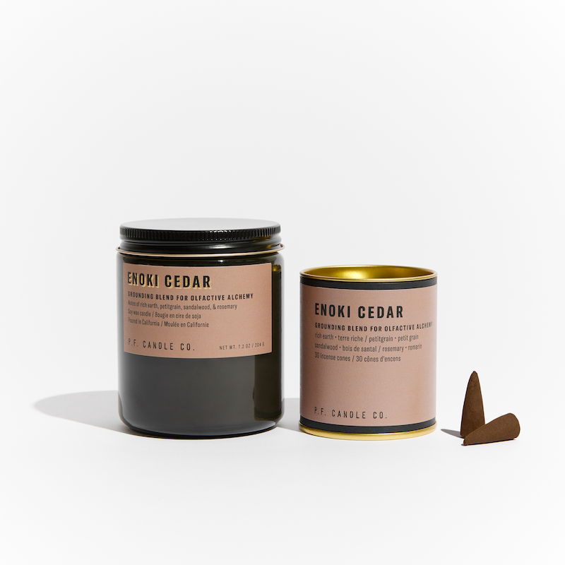 P.F. Candle Co. Los Angeles - Alchemy Incense Cone and Candle Scent Bundle - Product - Enoki Cedar - soft sage, ginger root, lavender, and patchouli.