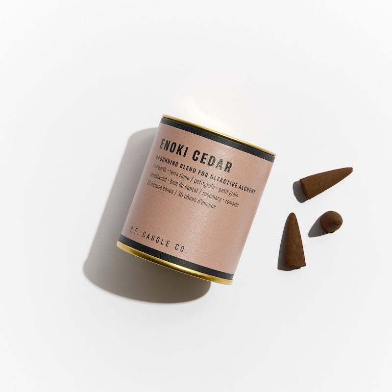 P.F. Candle Co. Los Angeles - Enoki Cedar Alchemy Scented Incense Cones Paper Tube of 30 - Product - Each cone burns for approximately 20-25 minutes each. Our wood-based incense cones are hand-dipped into fine fragrance oils at our Los Angeles factory.