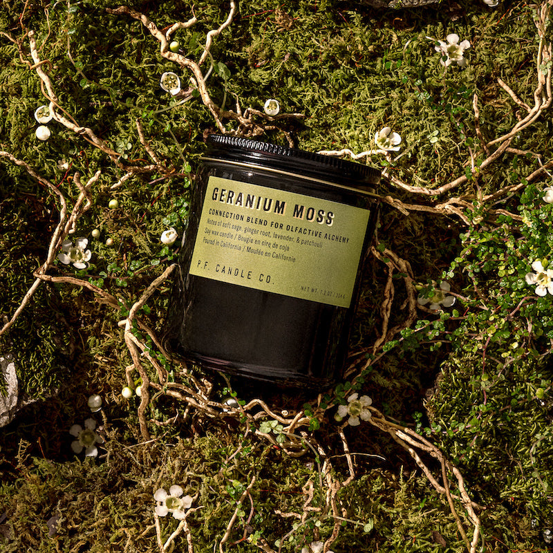 P.F. Candle Co. Geranium Moss Alchemy Candle - Lifestyle - A connection blend to soak up the present moment, with notes of soft sage, ginger root, lavender, and patchouli. Inspired by overgrown wildflowers rooted in fresh earth, formulated with upcycled cedarwood and sustainable patchouli.