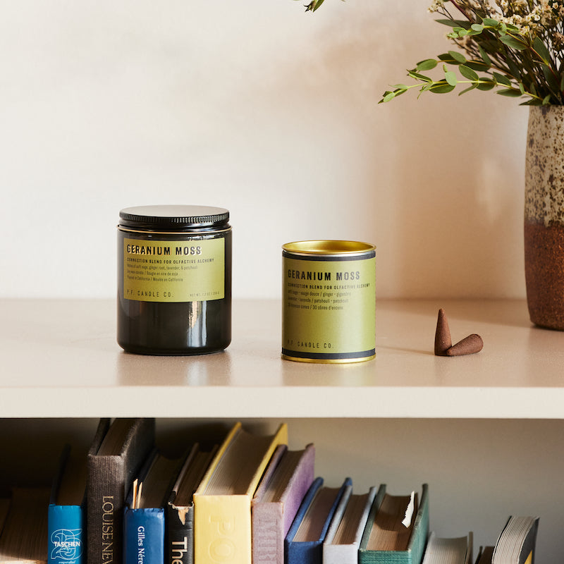 P.F. Candle Co. Geranium Moss - Scent Family - Alchemy is a collection of candles and incense cones featuring science-backed blends meant to mimic the healing qualities of nature and boost your mood.