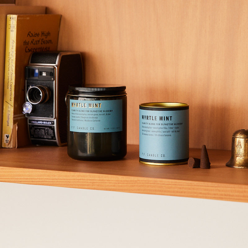 P.F. Candle Co. Myrtle Mint - Scent Family - Alchemy is a collection of candles and incense cones featuring science-backed blends meant to mimic the healing qualities of nature and boost your mood.