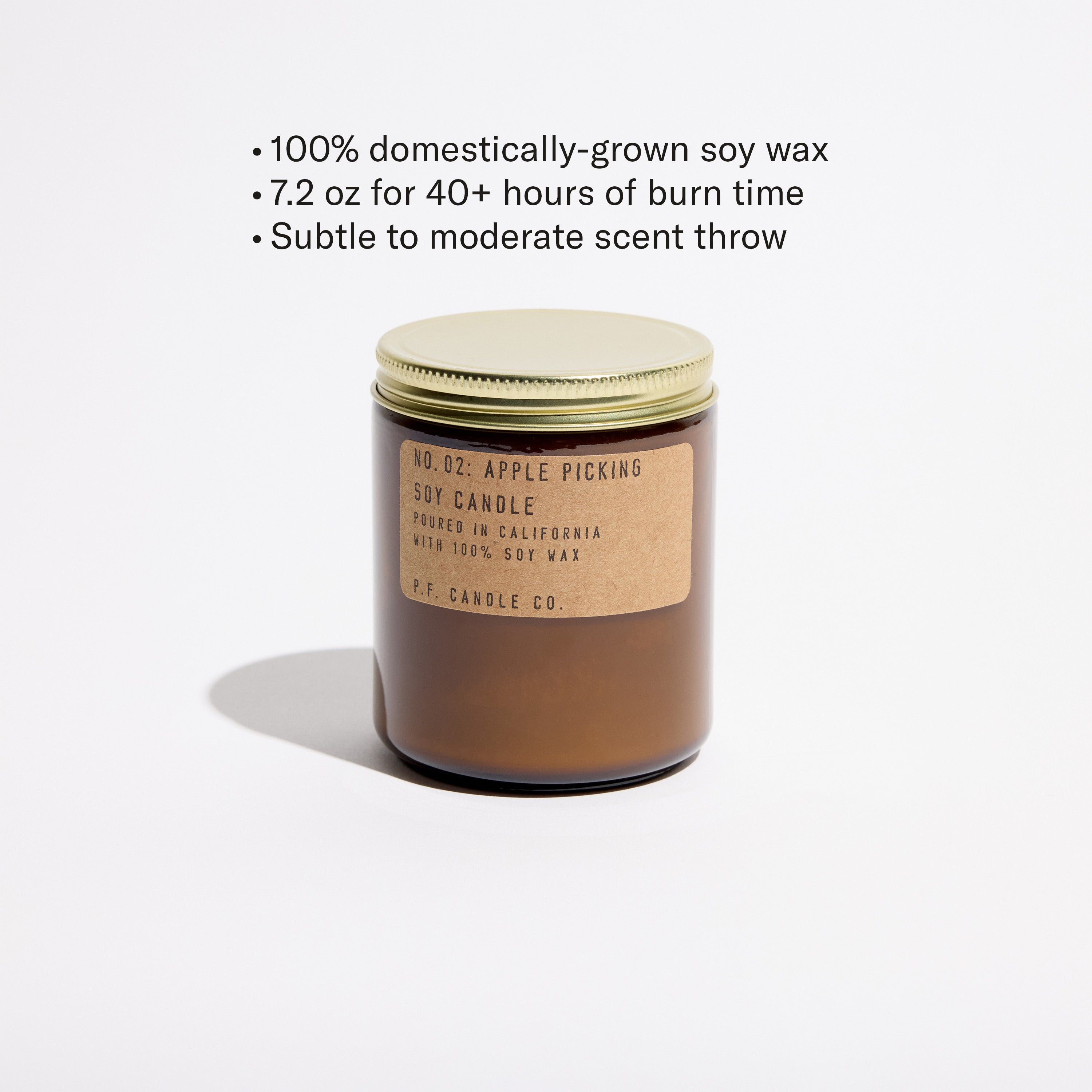 100% domestically-grown soy wax, 7.2 oz for 40+ hours of burn time, subtle to moderate scent throw