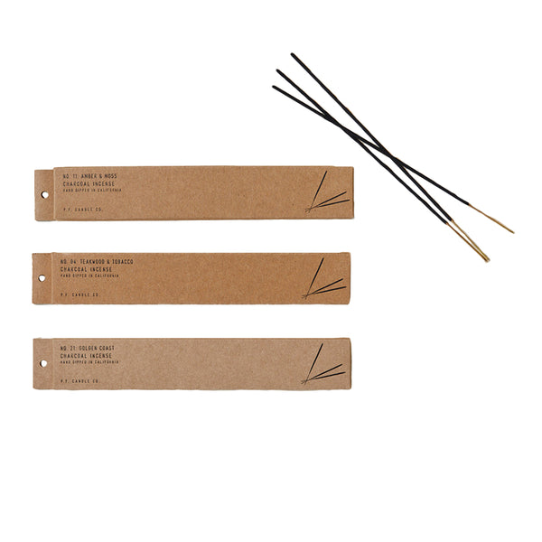 P.F. Candle Co. Incense Best-Sellers 3-Pack - Product - Save 15%! Get three boxes of hand-dipped charcoal incense sticks in our best-selling scents: warm Teakwood & Tobacco, bright Amber & Moss, and fresh Golden Coast.