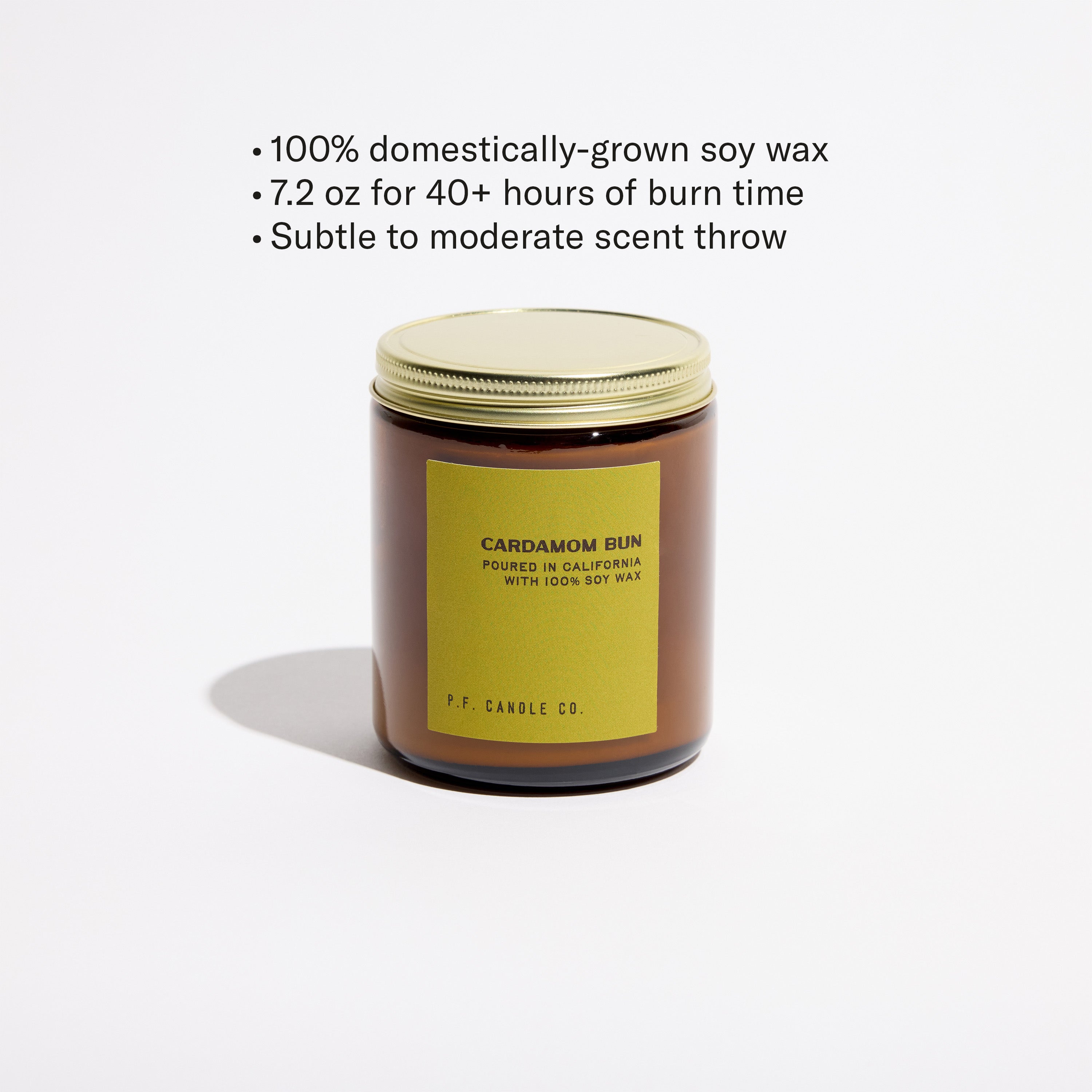 100% domestically-grown soy wax, 7.2 oz for 40+ hours of burn time, subtle to moderate scent throw