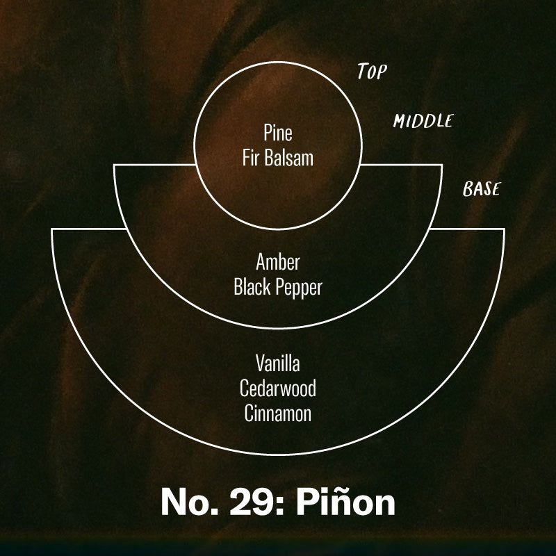 P.F. Candle Co. Piñon - Scent Notes - Top: Pine, Fir Balsam; Middle: Amber, Black Pepper; Base: Vanilla, Cedarwood, Cinnamon