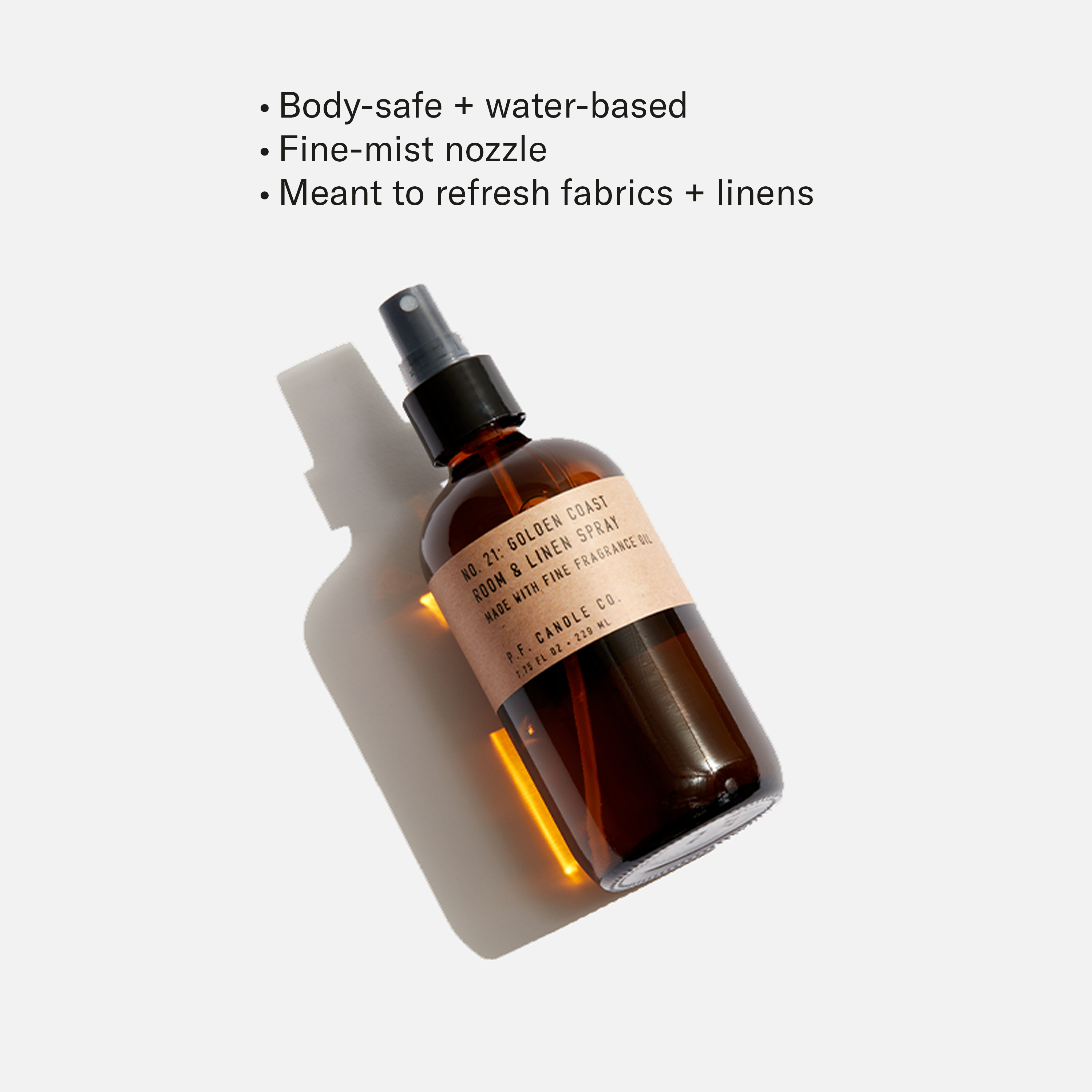 Body-safe + water-based, Fine-mist nozzle, Meant to refresh fabrics + linens