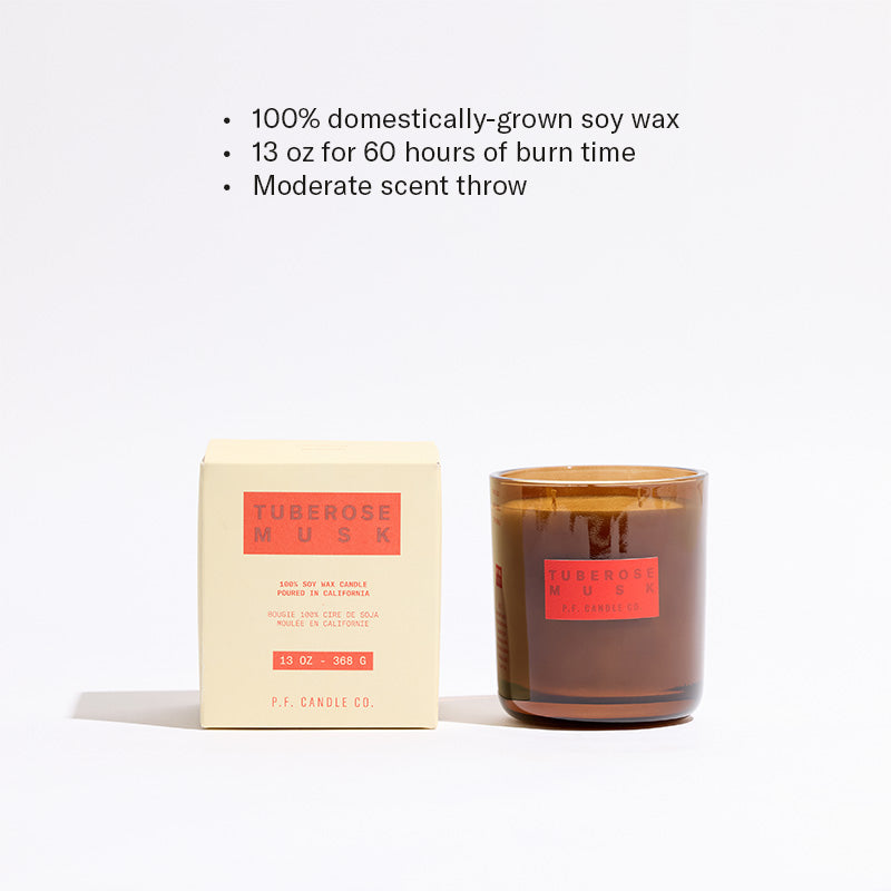 100% domestically-grown soy wax, 13 oz for 60 hours of burn time, Moderate scent throw