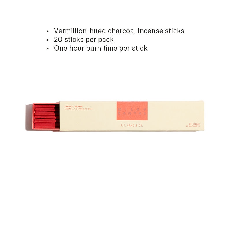 Vermillion-hued charcoal incense sticks, 20 sticks per pack, One hour burn time per stick