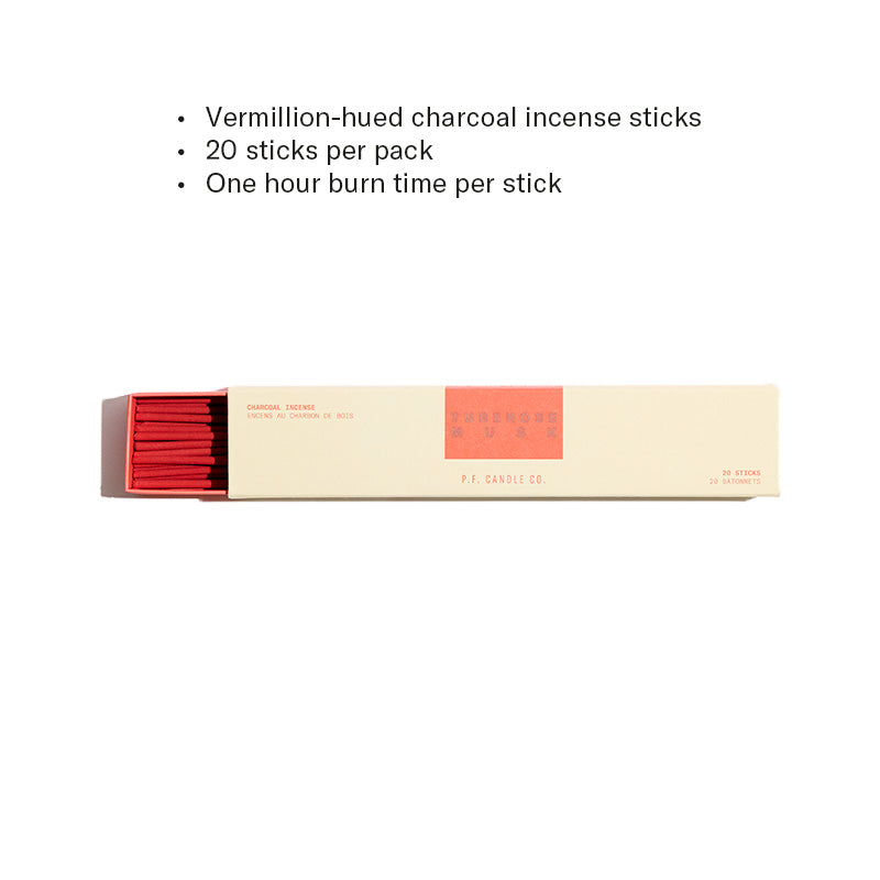 Vermillion-hued charcoal incense sticks, 20 sticks per pack, One hour burn time per stick
