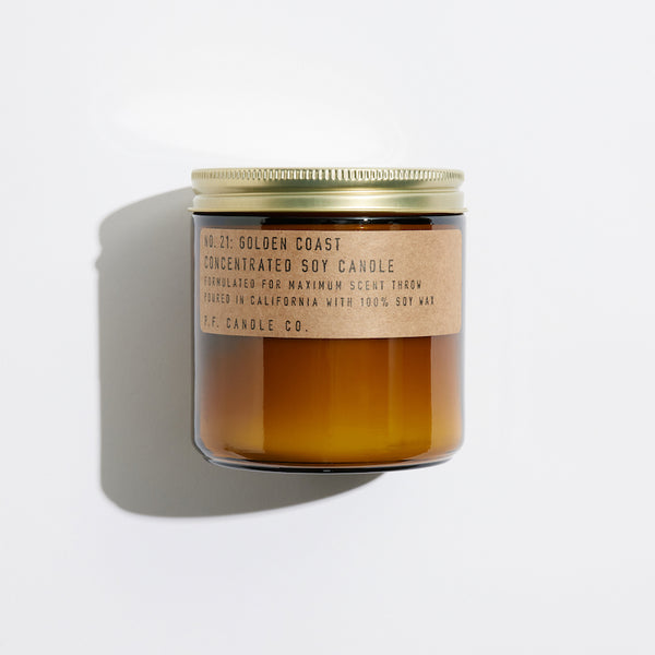 P.F. Candle Co. Golden Coast Large Concentrated Candle - Product - Hand-poured into apothecary inspired amber jars with our signature kraft label and a brass lid.