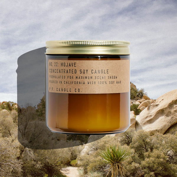 P.F. Candle Co. Mojave Large Concentrated Candle - Lifestyle - Afternoon explorations through high desert landscapes, a much-needed reset under dark starry skies, the magic of a weekend away. Creosote, golden poppy, chaparral, and white musk.