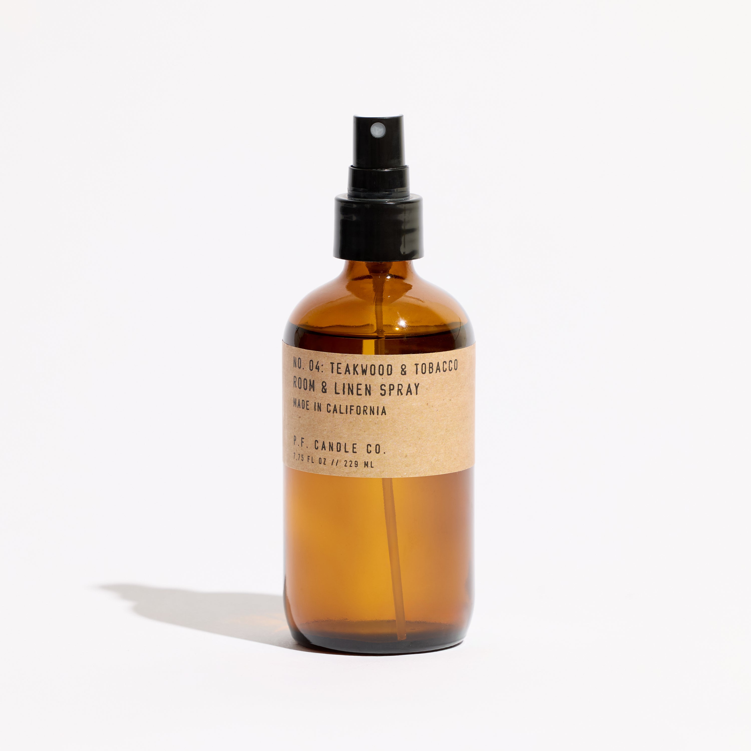 pf candle co no. 04 teakwood & tobacco linen room spray front profile ecomm product shot