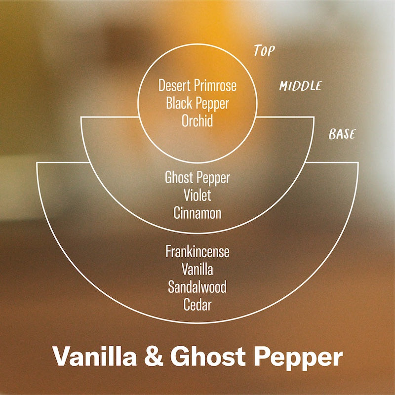 P.F. Candle Co. Vanilla & Ghost Pepper - Scent Notes - Top: Desert Primrose, Black Pepper, Orchid; Middle: Ghost Pepper, Violet, Cinnamon; Base: Frankincense, Vanilla, Sandalwood, Cedar