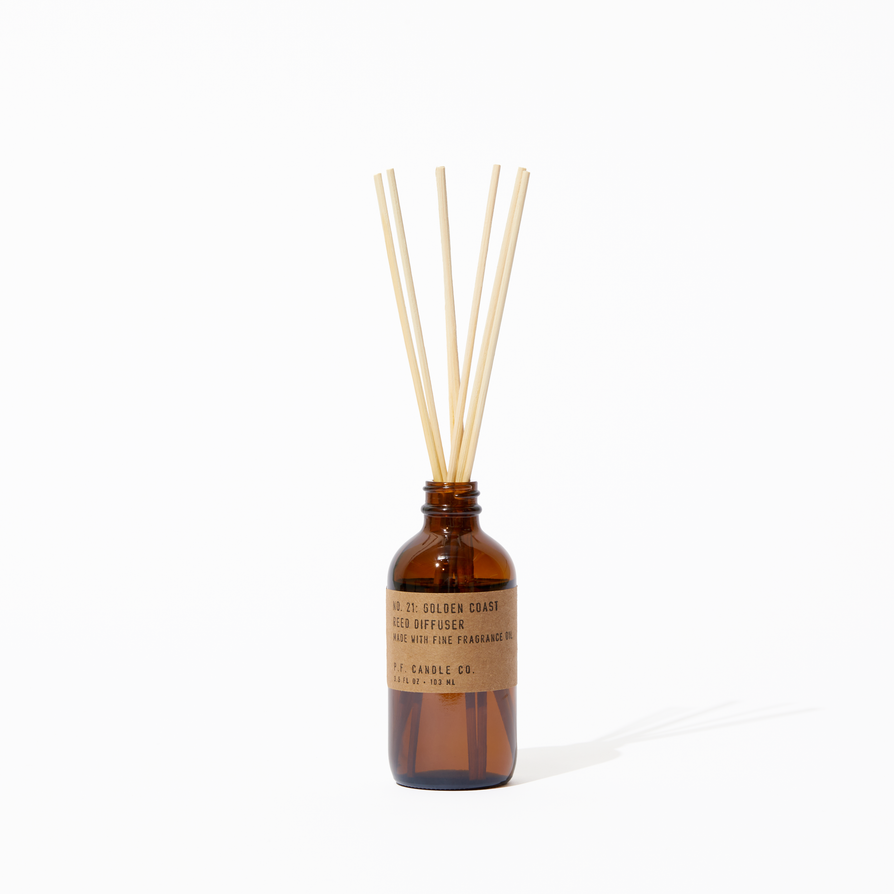 P.F. Candle Co. Golden Coast Reed Diffuser - Product - Our Reed Diffusers come in apothecary-inspired amber glass bottles with our signature kraft label and rattan reeds. Low-maintenance scent throw, all day long - no match necessary.