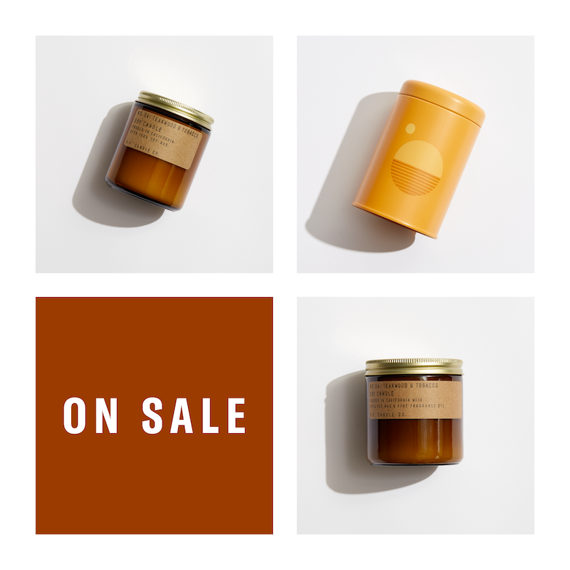 P.F. Candle Co LA - Best-Sellers Candle Trio - Product - Save 15%! This bundle includes one Teakwood & Tobacco Large Candle, one Amber & Moss Standard Candle, and one Swell Candle from our Sunset Line.