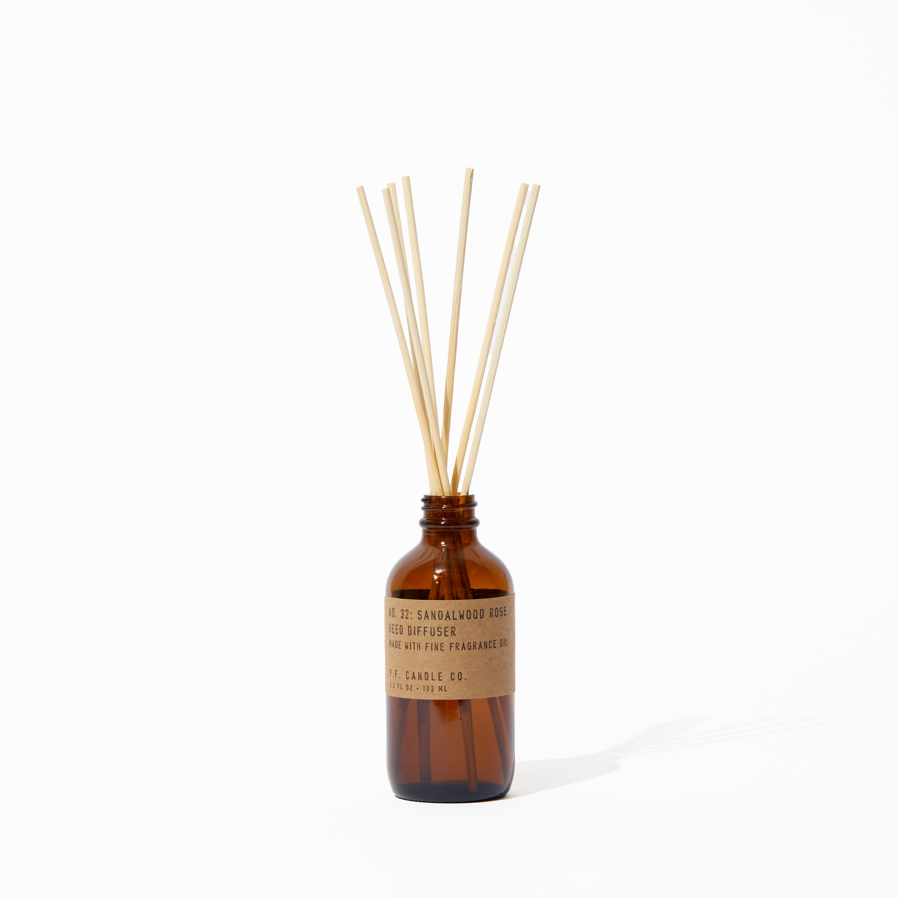 P.F. Candle Co. Sandalwood Rose Reed Diffuser - Product - Our Reed Diffusers come in apothecary-inspired amber glass bottles with our signature kraft label and rattan reeds. Low-maintenance scent throw, all day long - no match necessary.