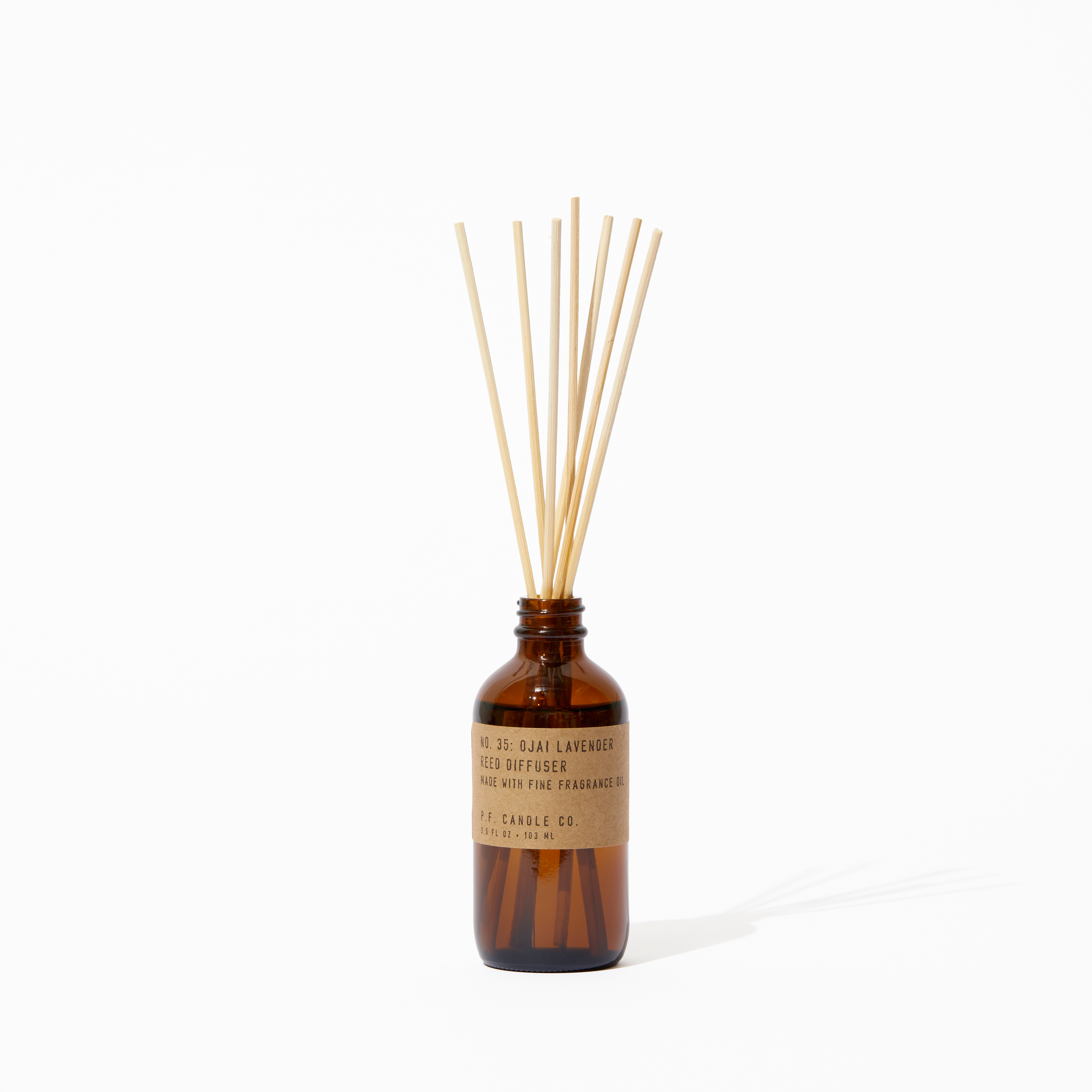 P.F. Candle Co. Ojai Lavender Reed Diffuser - Product - Our Reed Diffusers come in apothecary-inspired amber glass bottles with our signature kraft label and rattan reeds. Low-maintenance scent throw, all day long - no match necessary.