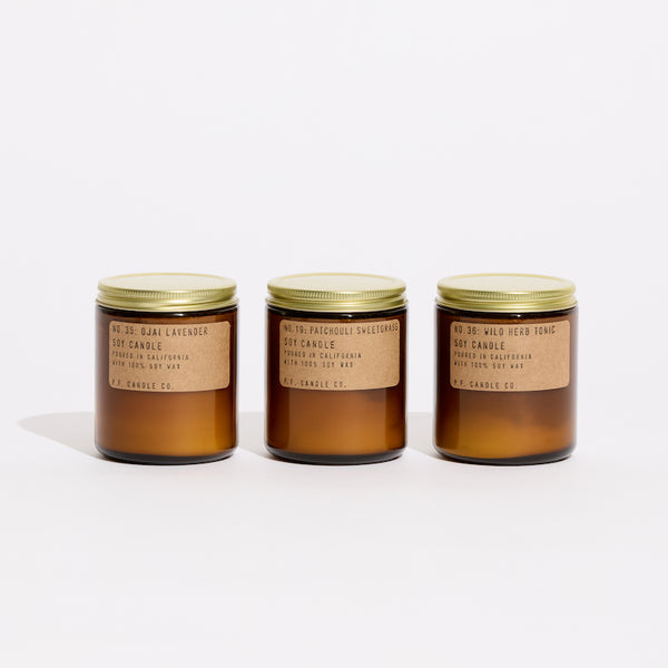 P.F. Candle Co. Rest and Relax Bundle - Product - This collection includes Ojai Lavender, Patchouli Sweetgrass, and our newest scent Wild Herb Tonic in our best-selling 7.2 oz Standard Candle size.