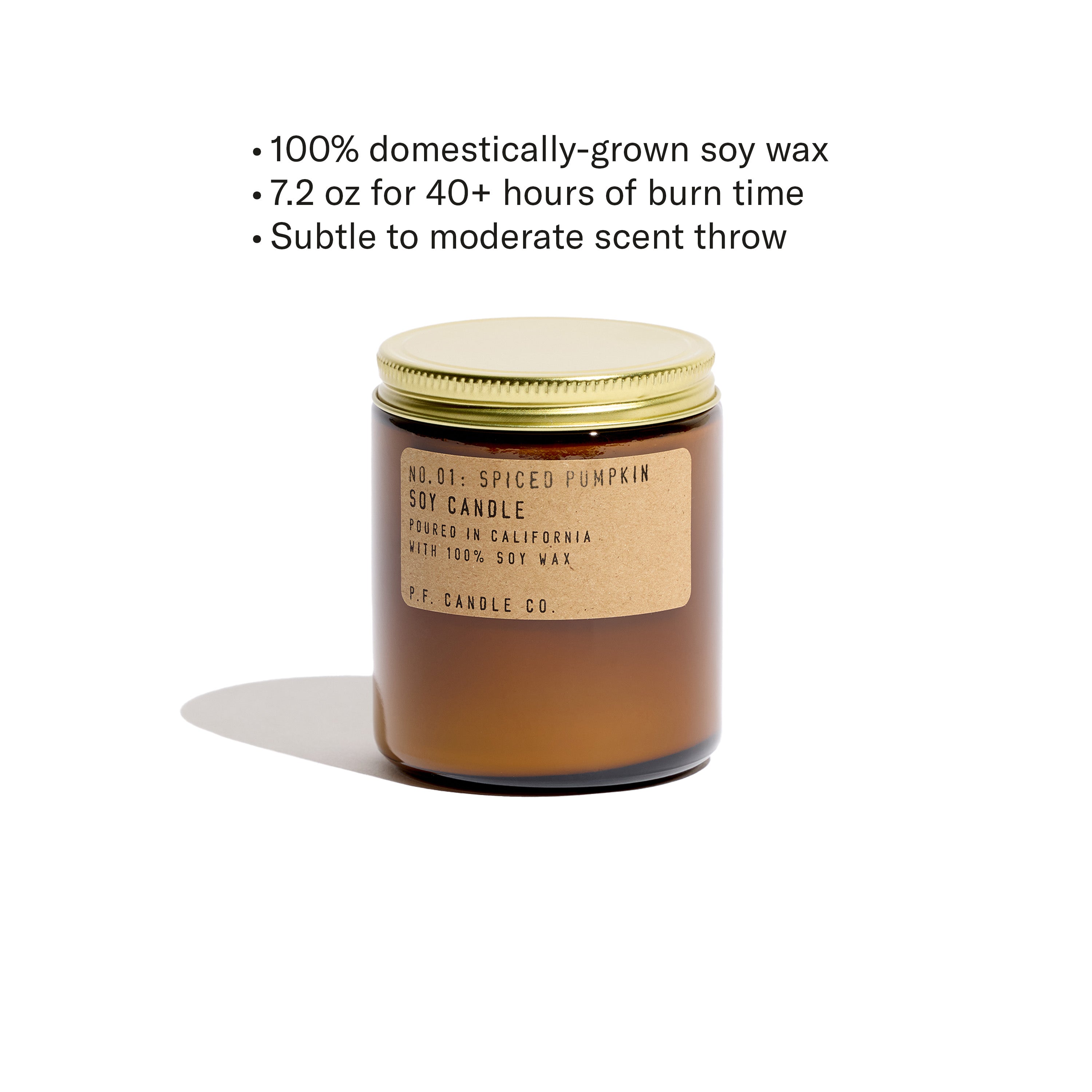 100% domestically-grown soy wax, 7.2 oz for 40+ hours of burn time, subtle to moderate scent throw