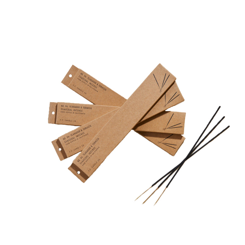 P.F. Candle Co. Teakwood & Tobacco Incense Sticks 4-Pack - Product - Save 15% Our charcoal-based Incense is hand-dipped in our studio and packaged in kraft box packaging.