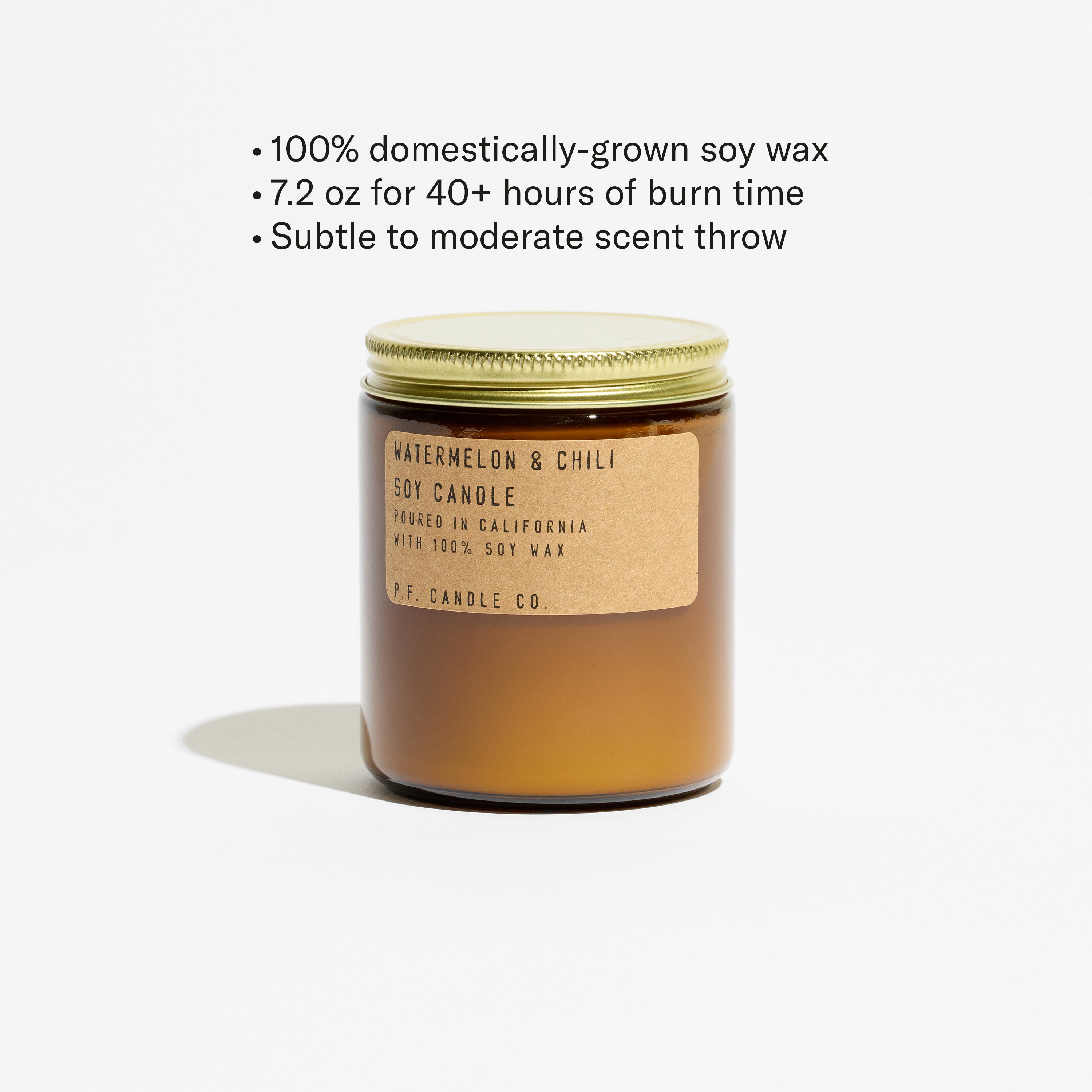 100% domestically-grown soy wax, 12.5 oz for 60+ hours of burn time, subtle to moderate scent throw