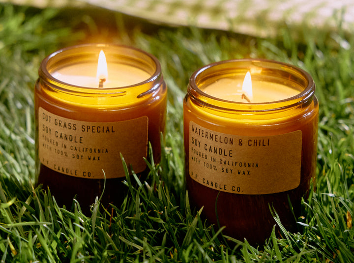 cut grass and watermelon chili candles
