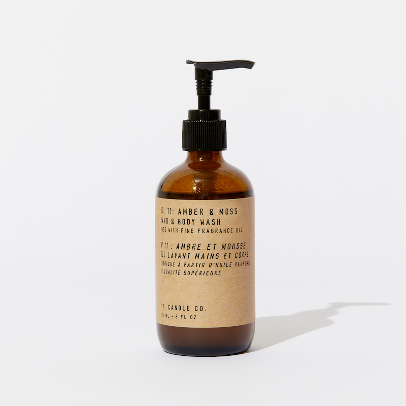 P.F. Candle Co. Los Angeles - Amber & Moss Classic 8 oz Scented Hand & Body Wash - Product - This collection is vegan and cruelty-free, contains no sulfates, parabens, or phthalates, and is packaged in recyclable glass bottles to fit right in with any home decor.