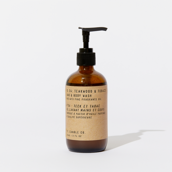 P.F. Candle Co. Teakwood & Tobacco Hand & Body Wash - Product - This collection is vegan and cruelty-free, contains no sulfates, parabens, or phthalates, and is packaged in recyclable glass bottles to fit right in with any home decor.