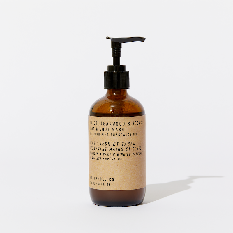 P.F. Candle Co. Los Angeles - Teakwood & Tobacco Classic 8 oz Scented Hand & Body Wash - Product - This collection is vegan and cruelty-free, contains no sulfates, parabens, or phthalates, and is packaged in recyclable glass bottles to fit right in with any home decor.