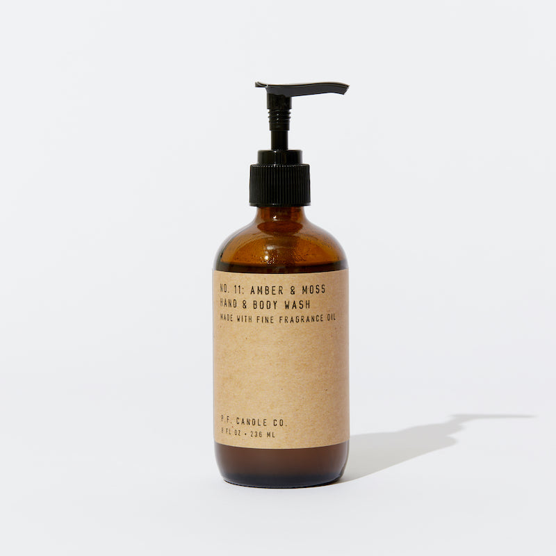 P.F. Candle Co. Amber & Moss Hand & Body Wash - Product - This collection is vegan and cruelty-free, contains no sulfates, parabens, or phthalates, and is packaged in recyclable glass bottles to fit right in with any home decor.