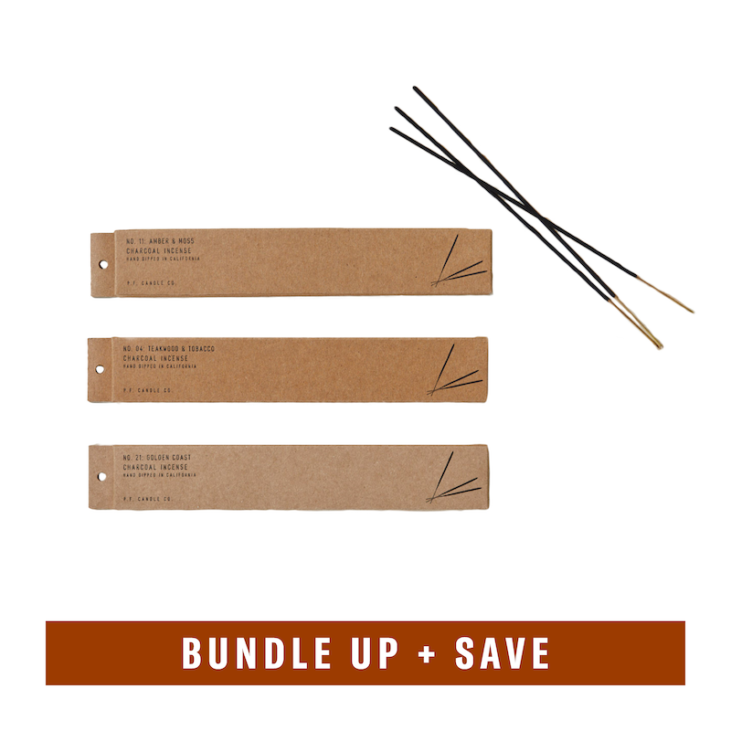P.F. Candle Co. - Best-Sellers 3-Pack - Product - Save 15%! Get three boxes of hand-dipped charcoal incense sticks in our best-selling scents: warm Teakwood & Tobacco, bright Amber & Moss, and fresh Golden Coast.