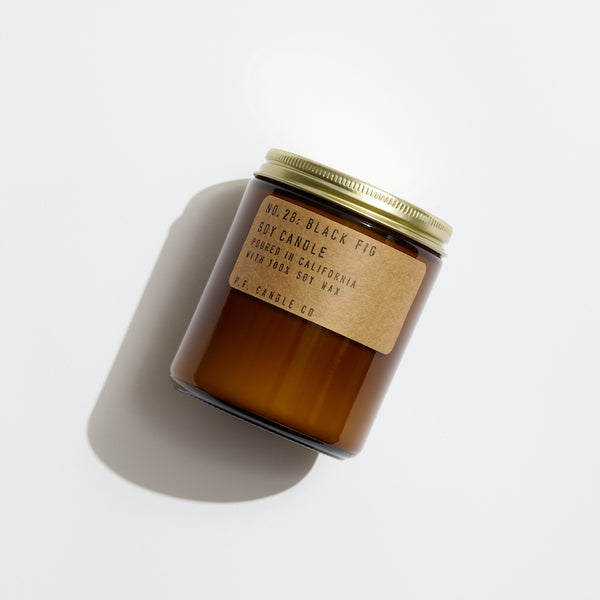 P.F. Candle Co. Black Fig Standard Candle - Product - Hand-poured into apothecary inspired amber jars with our signature kraft label and a brass lid.